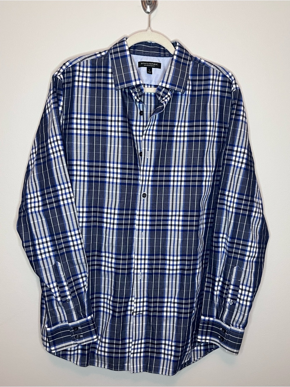 Banana Republic Men's Navy and White Plaid Non-Iron Slim Dress Shirt